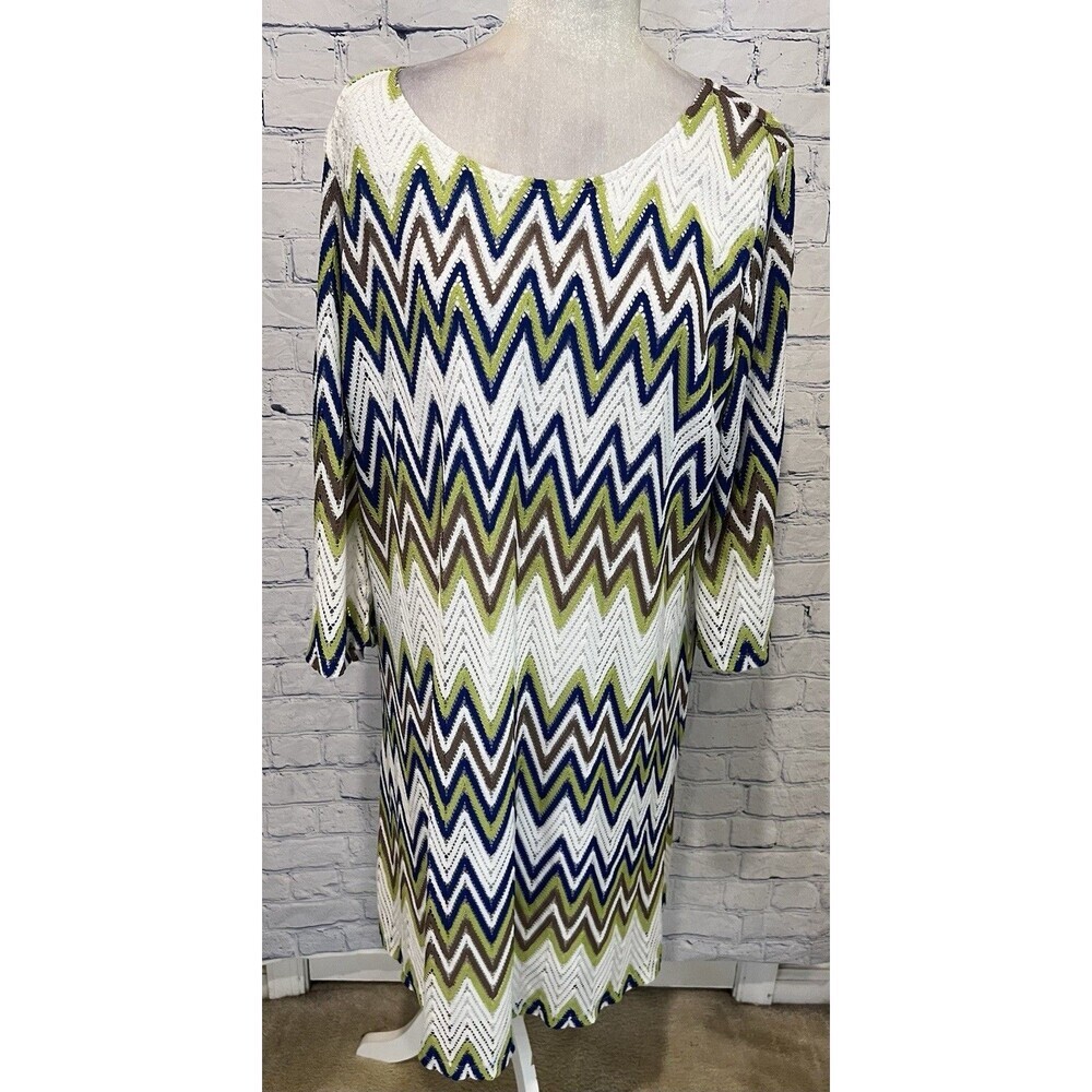 Per Seption Dress Womens Green Blue & White Chevron Lace Overlay Plus Size 3X